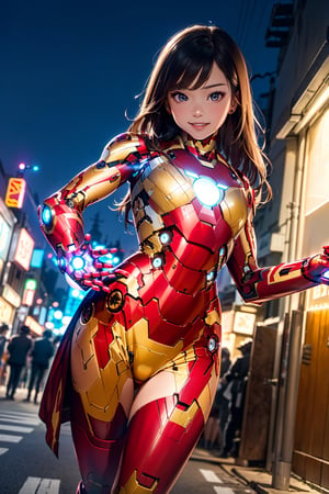 nsfw:1.1, masterpiece, top-quality, top-quality, Beautifully Aesthetic:1.2, (8k, RAW photo, photorealistic:1.25), 1girl, crazy party night, ((Wearing a high-quality Iron man suits:1.3)), high detailed, (gentle smile:1.2),  
BREAK 
(Standing with spread arms:1.3), 
((Brown Hair)), wavy hair, ((medium long hair:1.2)), 
((in A modern alley of decorated for Halloween in Shibuya at late night:1.2)), ((Cowboy shot:1.2)), ((From below:1.3)), ((looking at viewer:1.2)),