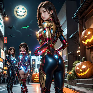 masterpiece, top-quality, top-quality, Beautifully Aesthetic:1.2, ((Three girls:1.2)), Halloween night, 
((Left girl is Wearing a high-quality Gold Iron man suit:1.2)), high detailed, 
((Middle girl is Wearing a high-quality Blue Iron man suit:1.2)), high detailed, 
((Right girl is Wearing a high-quality White Iron man suit:1.2)), high detailed, 
large breasts, firm breast, nicely shaped breasts, slender figure, 
((Dark Brown Hair)), wavy hair, ((medium long hair:1.2)), 
BREAK 
(Standing with reaching out:1.2), (Take the stage with Avengers cosplayer girls of Halloween contest:1.3), 
((in front of station of decorated for Halloween in Shibuya at late night:1.3)), (Full body shot:1.2), (From below:1.2), ((back view:1.2)), ((looking at viewer:1.2)),