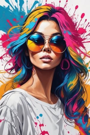 Leonardo Style,RAW tshirt design, paintbrush splash, graffiti, centralized, colorfull woman with sunglasses face , CG illustration, white background, soft color, smooth line, soft  8k wallpaper, high-res