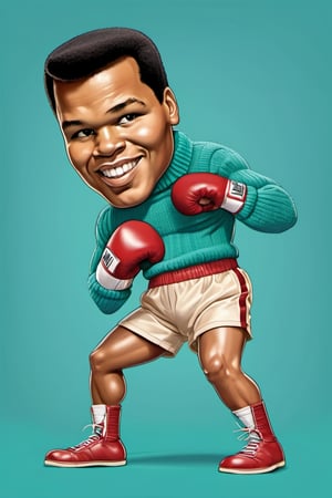 Caricature figure of muhamad ali in boxing-ready, head, legs, feet, wearing sweater , teal dimentional background, high-res