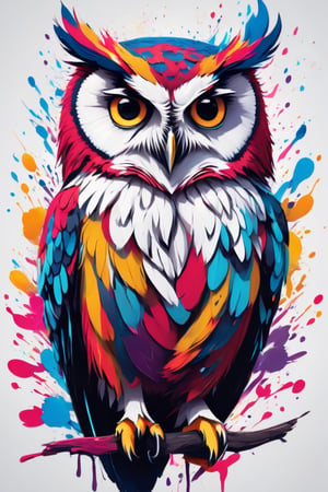 Leonardo Style,RAW tshirt design, paintbrush splash, centralized, colorfull owl, CG illustration, white background, pop color,  8k wallpaper, high-res