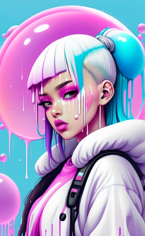 white,totally white,pastel colors,(bubble drip)1girl with techwear clothes,sexy,circular shapes on background(bubble drips)melt,vaporwave style,cyberpunk style
