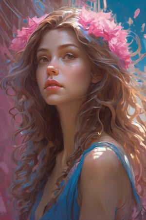 BohoStyle, 1girl, pink  and blue and pink splash, Glittering, rim lighting with sunlit hair, brown hair, rim light, in highly detailed, beautiful painting by daniel f gerhartz art by Vladislav Nagornov, art by Ruth Sanderson, digital art, bright, beautiful, splash, Glittering, cute and adorable, filigree, rim lighting, lights, extremely, magic, surreal, fantasy, digital art, wlop, artgerm and james jean, sf, intricate artwork masterpiece, ominous, matte painting movie poster, golden ratio, trending on cgsociety, intricate, epic, trending on artstation, by artgerm, h. r. giger and beksinski, highly detailed, vibrant, production cinematic character render, ultra high quality model,Leonardo Style, illustration