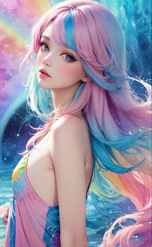(masterpiece, top quality, best quality,watercolor (medium),official art, beautiful and aesthetic:1.2),(1girl:1.3), (fractal art:1.3),upper body, from side, looking at viewer,patterns,(rainbow color Hair,colorful hair,half blue and half pink hair:1.2),water,liquid, cloud,colorful, starry,stars,