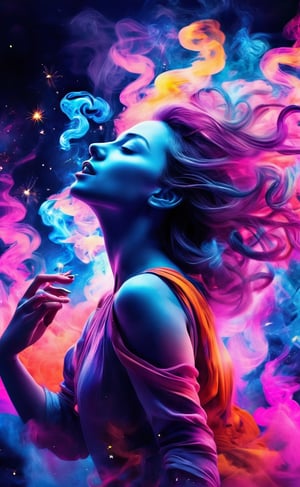 Colorful, astral girl, made of smokes, dance, chaos, luminiscent, high_res