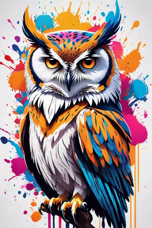 Leonardo Style,RAW tshirt design, paintbrush splash, centralized, colorfull owl, CG illustration, white background, pop color,  8k wallpaper, high-res