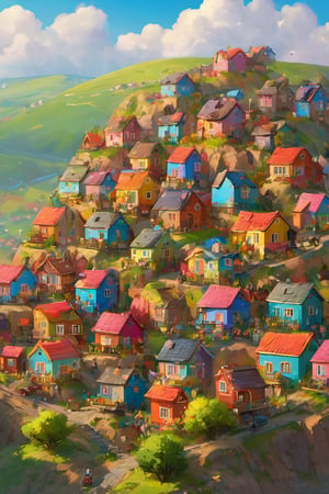 Colorful , GhibliStyle stacked-village In a large hill area, colorful houses, high_res