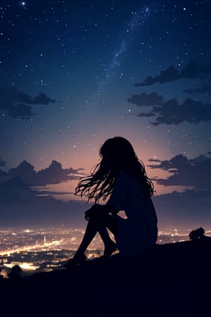 octans, sky, stars, scenery, starry sky, night, 1girl, night sky, solo, outdoors, building, cloud, sitting, tree, long hair, silhouette, BohoStyle cityscape 
