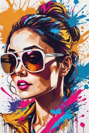 Leonardo Style,RAW tshirt design, paintbrush splash, graffiti, centralized, colorfull woman with sunglasses face , CG illustration, white background, pop color,  8k wallpaper, high-res