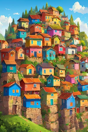 Colorful , GhibliStyle stacked-village In a large hill area, colorful houses, high_res