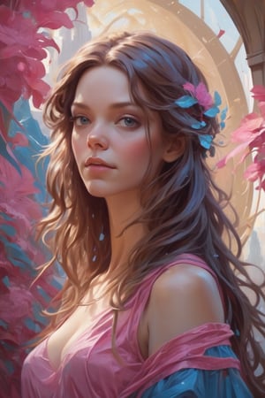 BohoStyle, 1girl, pink  and blue and pink splash, Glittering, rim lighting with sunlit hair, brown hair, rim light, in highly detailed, beautiful painting by daniel f gerhartz art by Vladislav Nagornov, art by Ruth Sanderson, digital art, bright, beautiful, splash, Glittering, cute and adorable, filigree, rim lighting, lights, extremely, magic, surreal, fantasy, digital art, wlop, artgerm and james jean, sf, intricate artwork masterpiece, ominous, matte painting movie poster, golden ratio, trending on cgsociety, intricate, epic, trending on artstation, by artgerm, h. r. giger and beksinski, highly detailed, vibrant, production cinematic character render, ultra high quality model,Leonardo Style, illustration