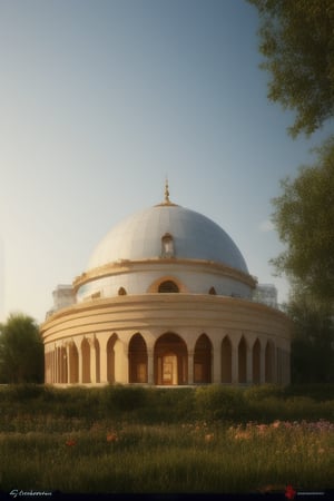 Arabic building with a dome, trees, flowers (innocent grey) 
