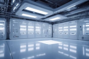 (((masterpiece))), (((best quality))), ((ultra-detailed)), (highly detailed CG illustration),(((floor view))) (((modern industrial clean room)))  with white very well polished floors,  and very well lit with white LED lamps, with semi-transparent roof to let in natural light, illustration, cover art, subsurface scattering, transparent, glow, Bioluminescent ,3d style,Cyberpunk style, Movie Still, Leonardo Style, vibrant, volumetric light