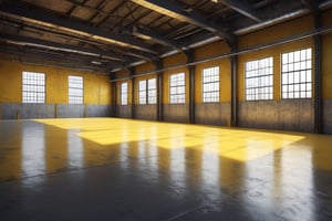 back wall of an empty industrial warehouse with very well polished floors, and floor delimiting industrial yellow marks and white LED lamps,, illustration, cover art, front side, subsurface scattering, transparent, translucent skin, glow, Bioluminescent ,3d style,Cyberpunk style, Movie Still, Leonardo Style, vibrant, volumetric light, wide angle shot, fractal background