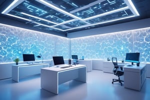programmers office and white LED lamps,, white ilumination, illustration, cover art, front side, subsurface scattering, transparent, translucent skin, glow, Bioluminescent ,3d style,Cyberpunk style, Movie Still, Leonardo Style, vibrant, volumetric light, wide angle shot, fractal background