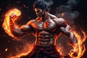 DarkTheme, blood,"Craft an image in an anime fantasy world style, depicting a lithe, muscular man with his fist ablaze in magical fire. Surround the burning fist with swirling black smoke, creating a captivating and dynamic scene that showcases his power and mastery of magic", realistic, hyper-real
