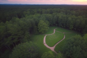 sunset in the forest with scattered fireflies, aerial view