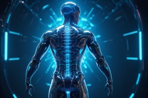 spine, full body, front side, subsurface scattering, transparent, translucent skin, glow, Bioluminescent ,3d style,Cyberpunk style, Movie Still, Leonardo Style, cool colors, vibrant, volumetric light, wide angle shot, fractal neuron background