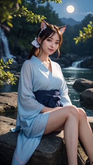 Best_quality, masterpiece, photo_realistic, ultra_high_res, 8K_raw_photo, 1girls, beautifull_face, long_hair, cat_earband, cat_tail, yukata, medium breast, smiling, sitting on a rock in_night_time, flowers, trees, moonlight, waterfall, full_body_portrait, detailed_skin, pore, cowboy_shot, from below, complex_background, soft_lighting, finely_detailed, ultra_detailed, 8k_uhd, dslr