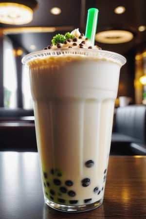 High angle POV, tasty cup of bubble milk tea slightly overflowing, brocoli toppings in the drink, photographic masterpiece, absurd resolution, high resolution, ultra detailed, spontaneous creativity, cinematic lightings, background (hotel lounge) 