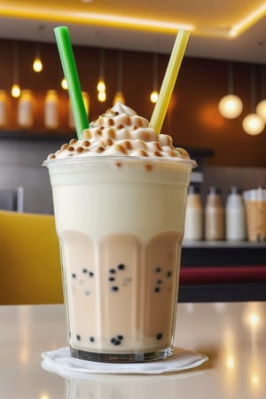 tasty cup of bubble milk tea, brocoli toppings in the drink, photographic masterpiece, absurd resolution, high resolution, ultra detailed, spontaneous creativity, cinematic lightings, background (hotel lounge) 