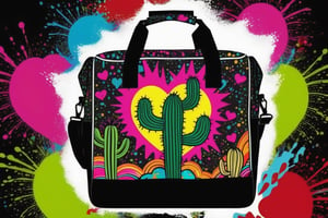 absurd resolution, high resolution, ultra detailed gym bag, paint splatter, expressive drips, random patterns, energetic movement, bold colors, dynamic texture, spontaneous creativity, Ed Hardy style tattoos, highly detailed artistic, Christian Audigier creativity, include a small cactus on fire tattoo, include eagle holding heart tattoo, bag color is white or black, high resolution 4K