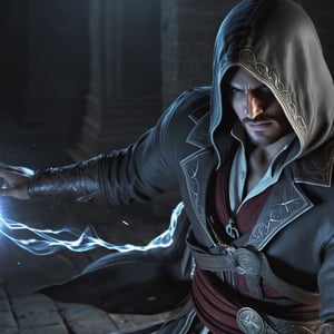 Assassin's Creed, hero displaying his skills, aggressive attack, absurd resolution, zoom portrait, high resolution, ultra detailed clothing, energetic movement, bold colors, dynamic texture, highly detailed artistic, cinematic lightings, serious alchemy magic