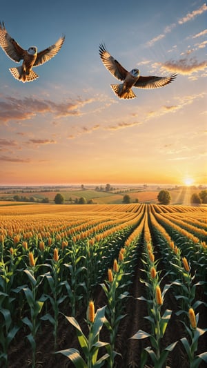 A pair of kestrels circling above a corn field at sunst, the natural beauty of light as it plays with the colors of the sunset, creating a stunning display of nature's art., ultra hd, realistic, vivid colors, highly detailed, UHD drawing, pen and ink, perfect composition, beautiful detailed intricate insanely detailed octane render trending on artstation, 8k artistic photography, photorealistic concept art, soft natural volumetric cinematic perfect light, Web Illustrations