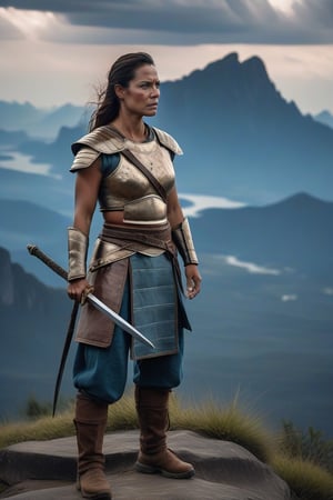 A full length portrait of  a mighty Amozon female warrior,  preparing to do battle on the steppes of Asia, High cheek bones, grey eyes, determined and  fierce look on her face. Pale blue mountains in the distance below a translucent sky.  Movie Still,inst4 style