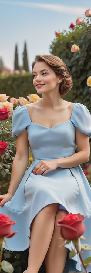 Classic  photo-realistic Portrait; Timeless radient elegance, realistic depiction,  capturing charming european female character in a simple short light blue dress, detailed skin. She is sat out in a rose garden, red and yellow roses looking happily into the distance