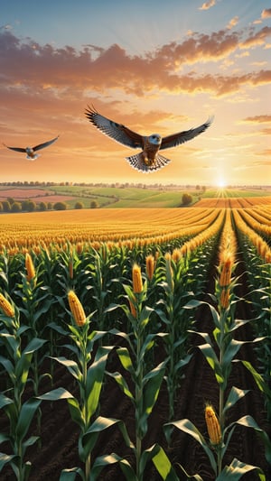 A kestrels circling above a corn field at sunst, the natural beauty of light as it plays with the colors of the sunset, creating a stunning display of nature's art., ultra hd, realistic, vivid colors, highly detailed, UHD drawing, pen and ink, perfect composition, beautiful detailed intricate insanely detailed octane render trending on artstation, 8k artistic photography, photorealistic concept art, soft natural volumetric cinematic perfect light, Web Illustrations