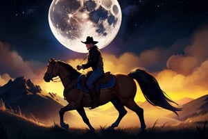 Silhouette of a photo realistic two weary cowboys riding across a barren prairee into the  star and moonlit night. Low hills in background.