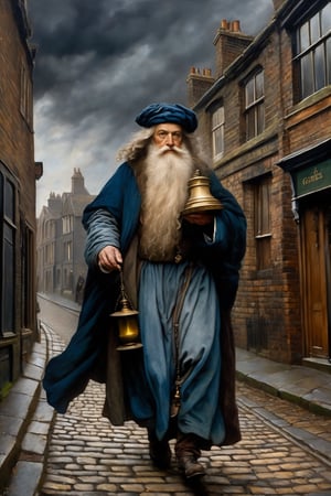 Pre-Raphaelite style painting of old father time carrying an hourglass walking along a dirty victorian terraced street, with a dark cloudy sky behind him