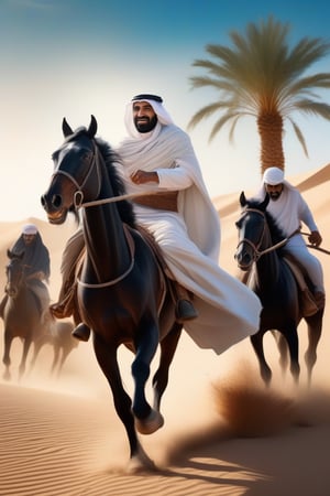 Photo realistic highly detailed, realistic, arabian man in a flowing white cloak, visible high detailed face, dressed in arabian outfit one hand on reins the other wielding a curved scimitar, on a runing black horse charging ahead of four other arabian riders on black horses riding across the desert with palm trees in the background, bright blue cloudless sky, dramatic scene highly detailed. background , highly detailed UHD.,Movie Still