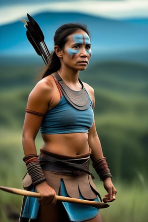 A full length portrait of a tribe of nine mighty Amazon female warriors, all holding shields and spears to do battle on the steppes of Asia, High cheek bones, grey eyes, determined and  fierce look on their face. Leather armour Pale blue mountains in the distance below a translucent sky.  Movie Still,inst4 style,photo r3al