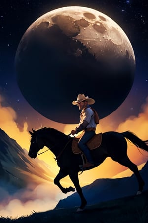 Silhouette of a photo realistic  weary cowboys riding across a barren prairee into the  star and moonlit night. Low hills in background.