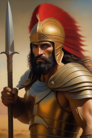 A Pre-Raphaelite painting of Gilgamesh as a mighty warrior, preparing to do battle on the plains of Uruk