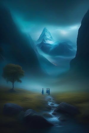 Create a captivating AI artwork that captures the essence of a mysterious world where ancient, towering mountains rumble with hidden power. The landscape is shrouded in an eerie, ethereal gloom, casting a surreal, bluish hue over everything. In this surreal setting, depict an enigmatic young female figure reuniting with her  long-lost relatives, meeting for the first time in centuries. Their reunion is filled with both trepidation and wonder, as they stand amidst the rumbling mountains, surrounded by the enigmatic gloom, their expressions a mix of curiosity and nostalgia. Let this artwork evoke a sense of both awe and melancholy, as if it tells a story of forgotten connections and the timeless power of nature." perfect dynamic composition, (masterpiece, Best Quality, photorealistic, ultra-detailed, finely detailed, high resolution, 8K wallpaper),

,photo r3al