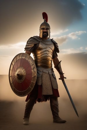 A full length portrait of Gilgamesh as a mighty warrior, preparing to do battle on the plains of Uruk, Blood stained armour, fierce facial features, slightly manic grin on face. he is carrying a shield and a sword. Early morning sunrise reflected on high clouds in pale blue sky. Movie Still