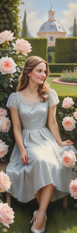 Classic Portrait Painting: Timeless radient elegance, realistic depiction,  capturing charming european female character in a simple dress, detailed skin. She is sat out in a rose garden, looking happily into the distance