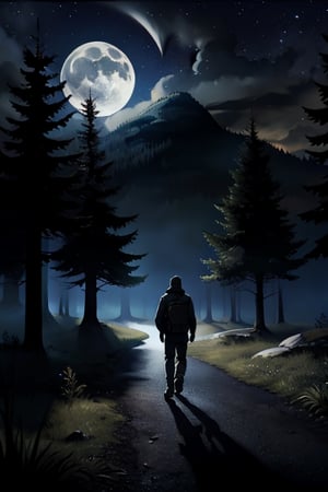 Silhouette of a photorealistic  weary traveling man against a dark moonlit night. Forest shaddows to his left and right.