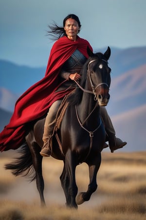 A full length portrait of a female cosack warrior riding a black horse across the the steppes of Asia, High cheek bones, grey eyes, determined and  fierce look on her face. Leather armour carrying a lance, red cloak billowing behind her. Pale blue mountains in the distance below a translucent sky.  Movie Still,inst4 style,photo r3al