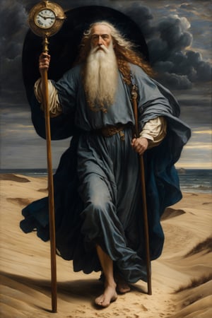 Pre-Raphaelite style painting of father time walking across a sandy floor, with a dark cloudy sky behind him