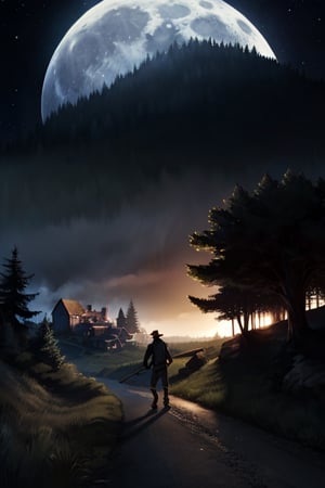 Silhouette of a photo realistic  weary traveling man wearing a hat and carrying a shepherd's crook against a dark moonlit night. Dense forest shaddows to his left and right. Rolling hills in background, with illuminated village at foot of hills