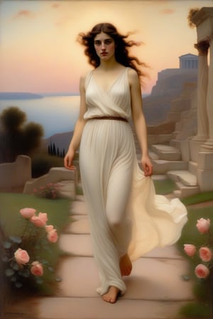 A pre-Raphaelite style painting of full length portrait of a young, brunette greek goddess  walking purposefully away from the accropolis towards the viewer. She gazes seductively and pointstowards the viewer. She is wearing a short translucent white chiffon dress that exposes her bare arms and shoulders, bare legs and ample cleavage. There are rose petals on the floor