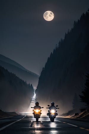 Silhouette of two motorcyclists riding down long straight broad highway into the  cold, misty moonlit night. Low plateaued hills in background.