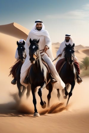 Photo realistic highly detailed, realistic, arabian man in a flowing white cloak, visible high detailed face, dressed in arabian outfit one hand on reins the other wielding a curved scimitar, on a runing black horse charging ahead of four other arabian riders on black horses riding across the desert with palm trees in the background, bright blue cloudless sky, dramatic scene highly detailed. background , highly detailed UHD.,Movie Still