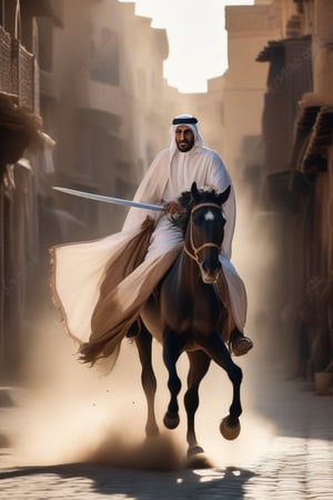 Foto UHD ULTRA detallada full HD highly detailed, realistic, arabian man flowing white cloak, visible high detailed face, dressed in arabian outfit details of shiny bronze, on a runing black horse, with a scimitar somebody run behind, dramatic scene highly detailed. background old poor city, highly detailed UHD.
