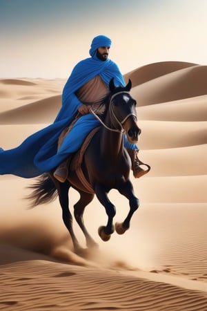 Foto UHD ULTRA detallada full HD highly detailed, realistic, arabian man flowing white cloak, visible high detailed face, dressed in arabian outfit one hand on reins the other wielding a curved scimitar, on a runing black horse charging ahead of four other arabian riders on black horses riding across the desert, bright blue cloudless sky, dramatic scene highly detailed. background , highly detailed UHD.,Movie Still