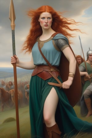 Pre-raphaelite style portrait of Boudicca, a full length portrait, clarity, harmonious, flowing ginger hair, green eyes, fierce stare, light blue tunic, red leather skirt, holding a spear, army of ancient british warriors in background
